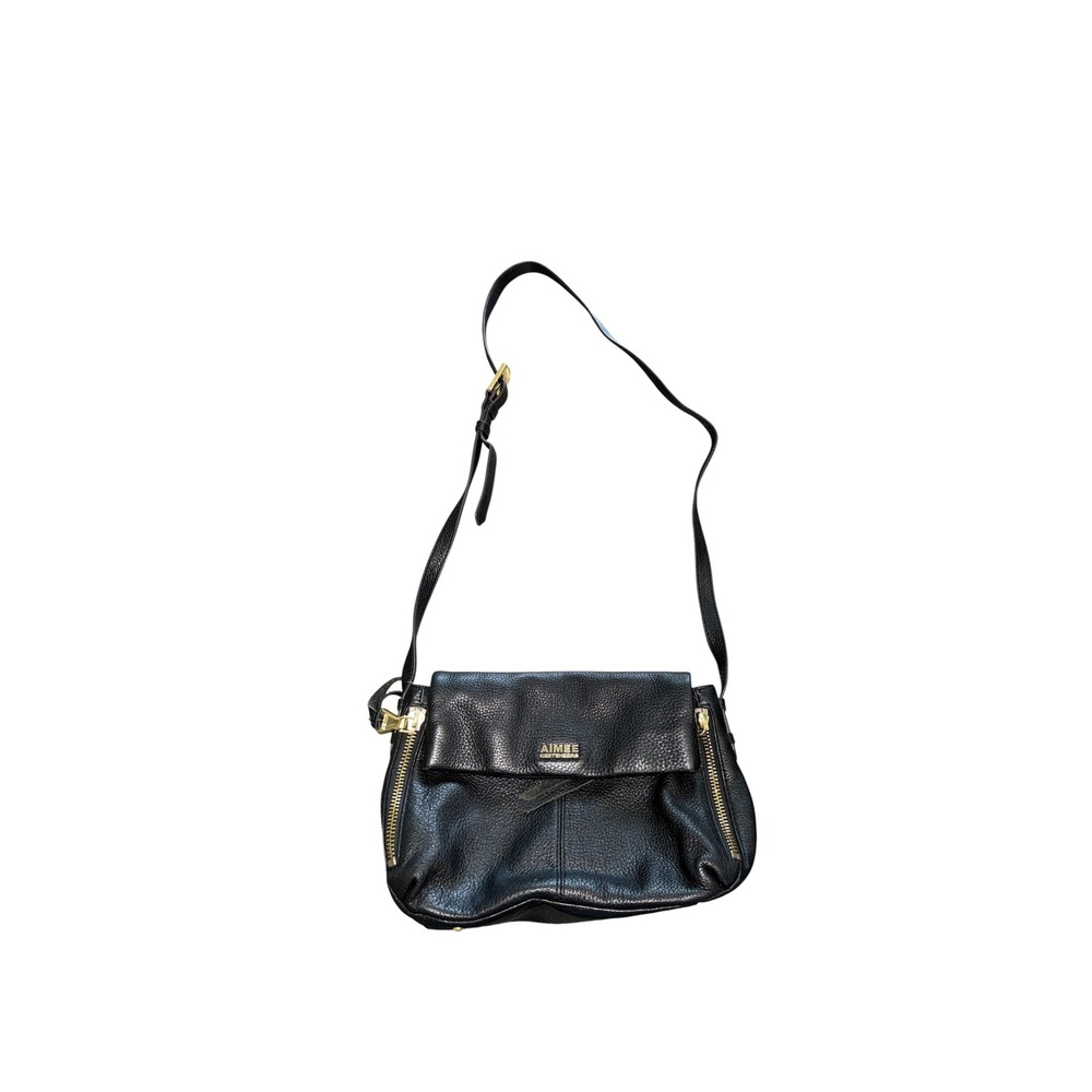 Aimee Kestenberg Black Pebbled Leather Crossbody Bag Gold Hardware Flap Purse